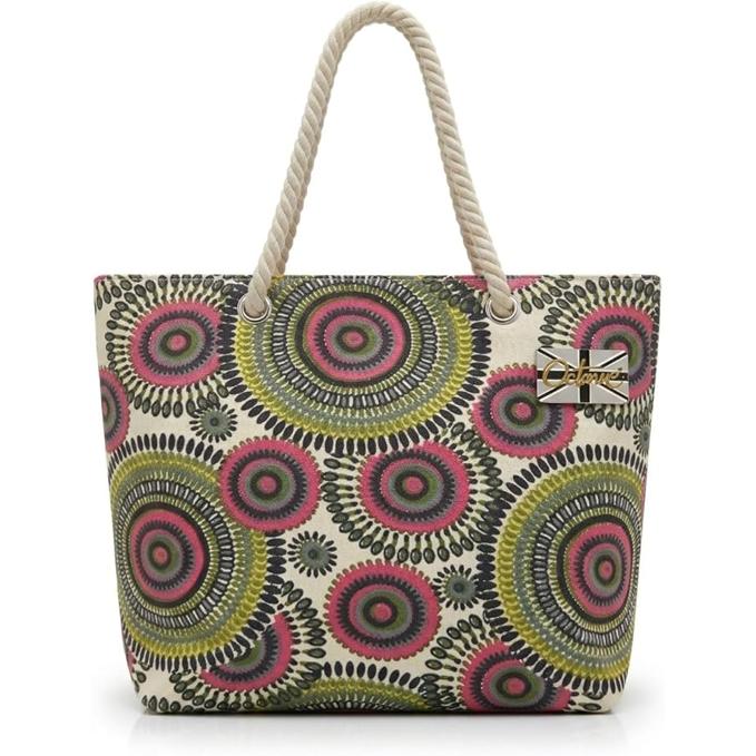 OCTAVE Ladies Summer Beach Tote Handbag - Circles Design - Green / Pink