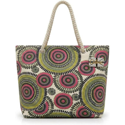OCTAVE Ladies Summer Beach Tote Handbag - Circles Design - Green / Pink