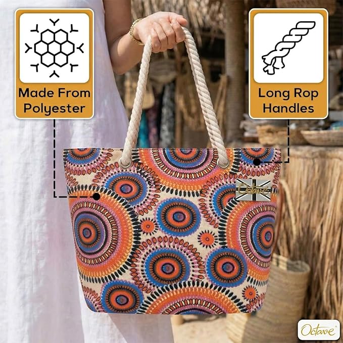 OCTAVE Ladies Summer Beach Tote Handbag - Circles Design - Orange / Blue