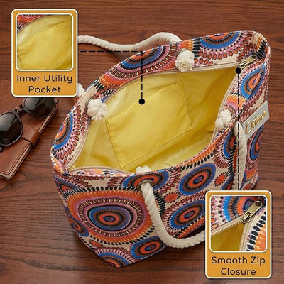 OCTAVE Ladies Summer Beach Tote Handbag - Circles Design - Orange / Blue