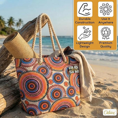 OCTAVE Ladies Summer Beach Tote Handbag - Circles Design - Orange / Blue