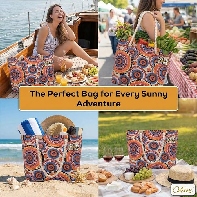 OCTAVE Ladies Summer Beach Tote Handbag - Circles Design - Orange / Blue