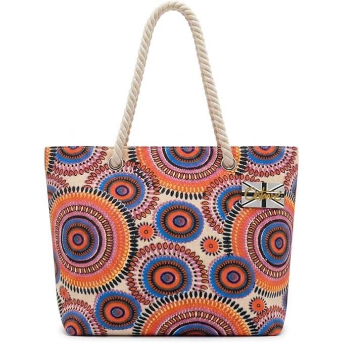 OCTAVE Ladies Summer Beach Tote Handbag - Circles Design - Orange / Blue