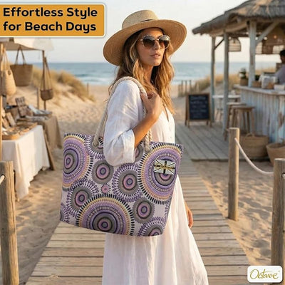 OCTAVE Ladies Summer Beach Tote Handbag - Circles Design - Purple / Pink