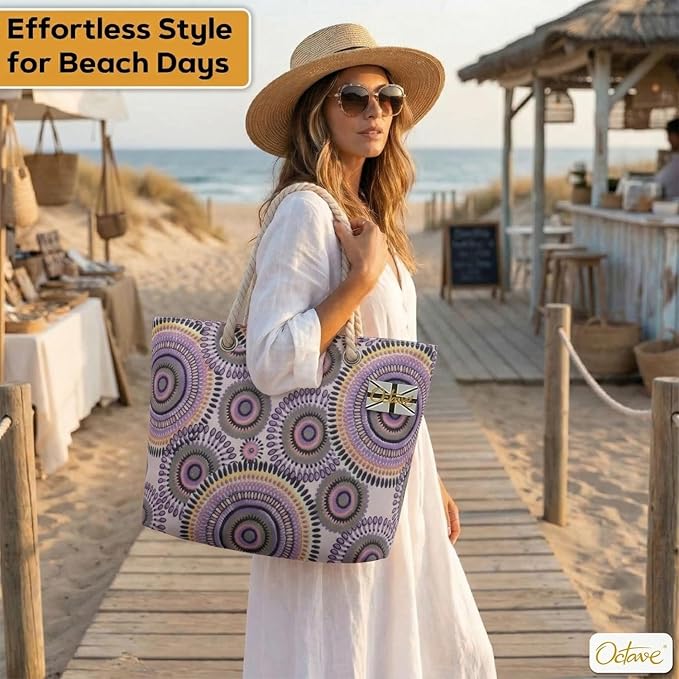 OCTAVE Ladies Summer Beach Tote Handbag - Circles Design - Purple / Pink