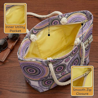 OCTAVE Ladies Summer Beach Tote Handbag - Circles Design - Purple / Pink