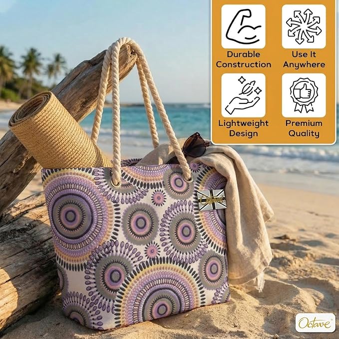 OCTAVE Ladies Summer Beach Tote Handbag - Circles Design - Purple / Pink
