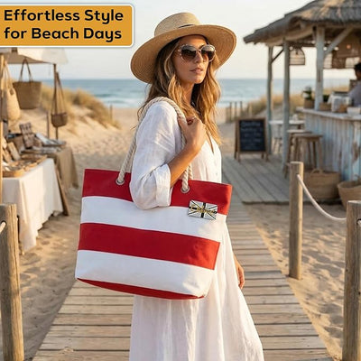 OCTAVE Ladies Summer Beach Tote Handbag - Striped Design - Red & White