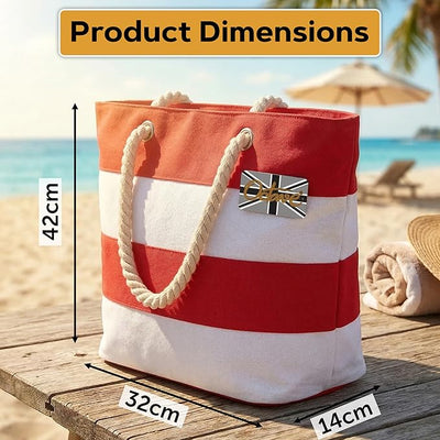 OCTAVE Ladies Summer Beach Tote Handbag - Striped Design - Red & White