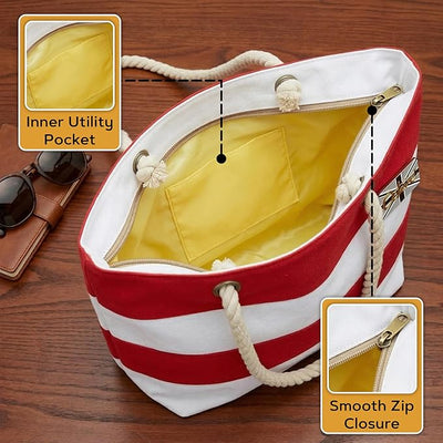 OCTAVE Ladies Summer Beach Tote Handbag - Striped Design - Red & White