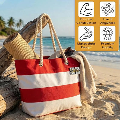OCTAVE Ladies Summer Beach Tote Handbag - Striped Design - Red & White