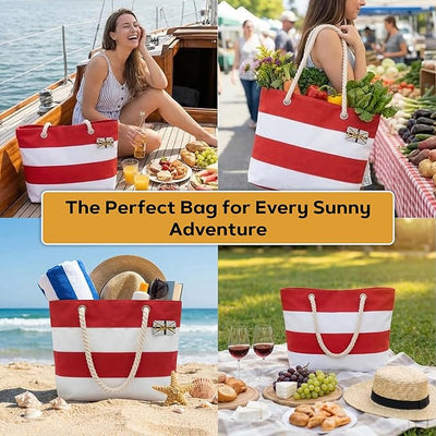 OCTAVE Ladies Summer Beach Tote Handbag - Striped Design - Red & White