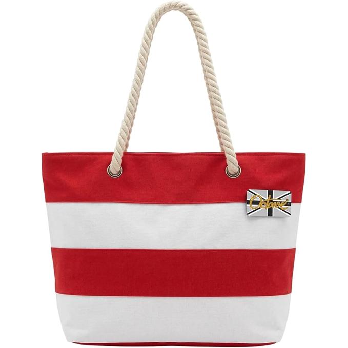 OCTAVE Ladies Summer Beach Tote Handbag - Striped Design - Red & White
