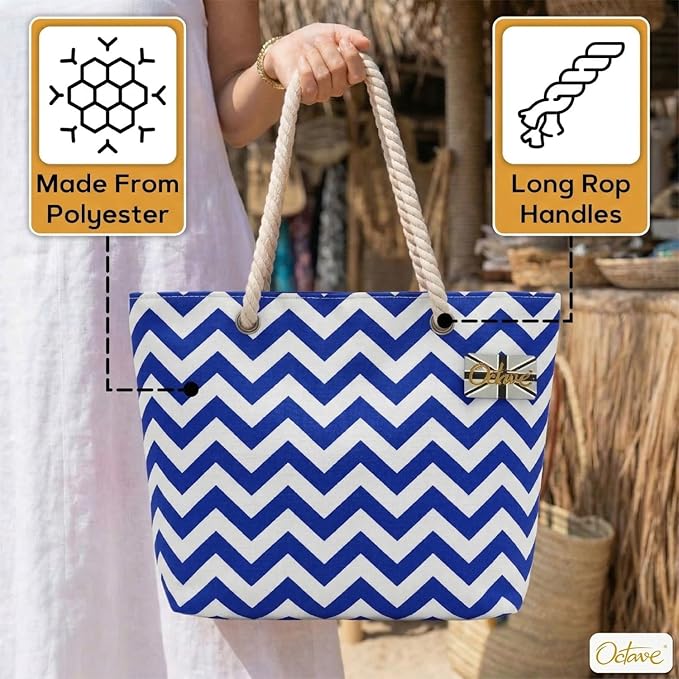OCTAVE Ladies Summer Beach Tote Handbag - Zigzag Design - Blue & White