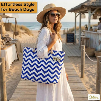 OCTAVE Ladies Summer Beach Tote Handbag - Zigzag Design - Blue & White