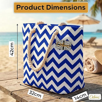OCTAVE Ladies Summer Beach Tote Handbag - Zigzag Design - Blue & White