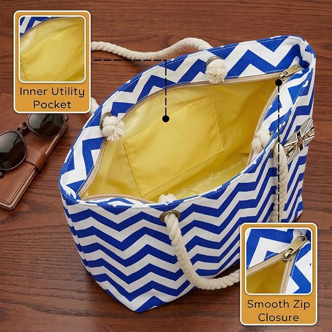 OCTAVE Ladies Summer Beach Tote Handbag - Zigzag Design - Blue & White