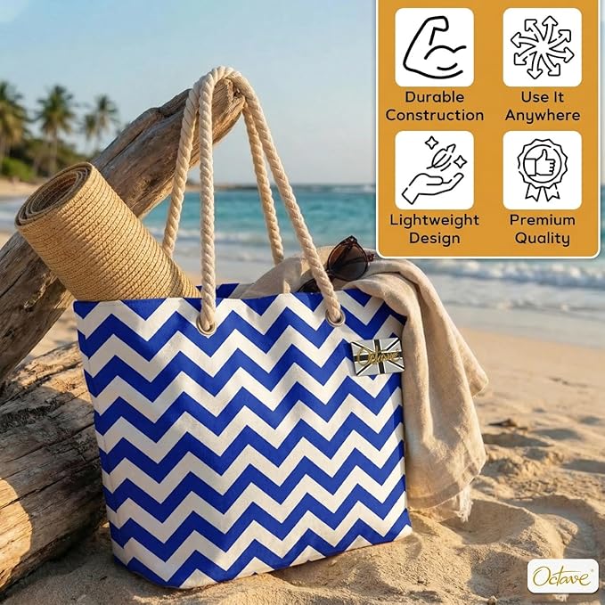 OCTAVE Ladies Summer Beach Tote Handbag - Zigzag Design - Blue & White