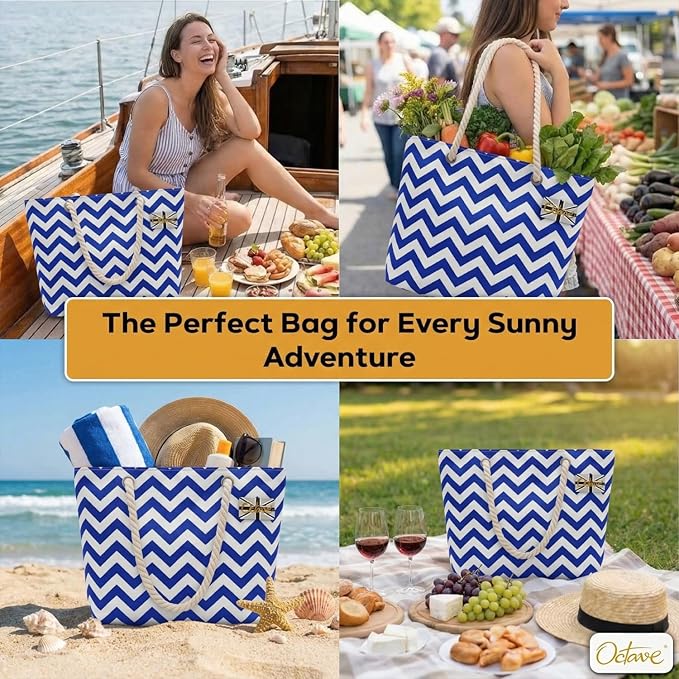 OCTAVE Ladies Summer Beach Tote Handbag - Zigzag Design - Blue & White