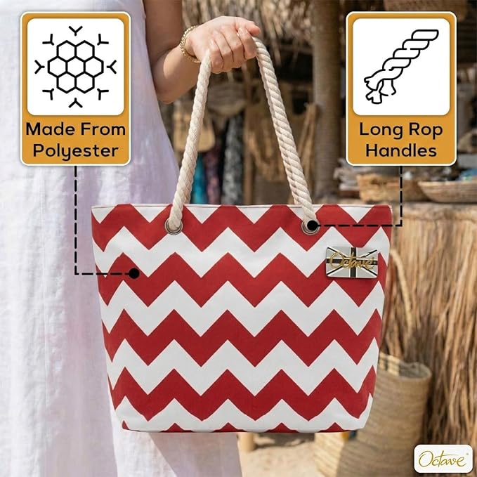 OCTAVE Ladies Summer Beach Tote Handbag - Zigzag Design - Red & White