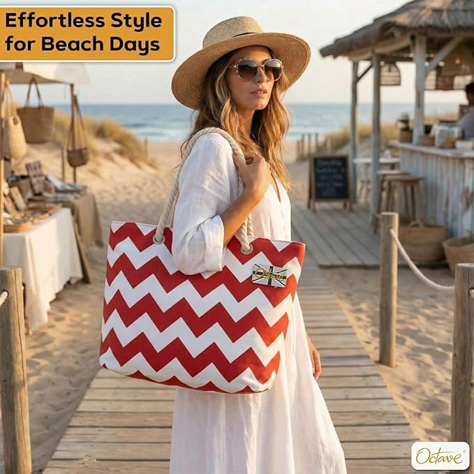 OCTAVE Ladies Summer Beach Tote Handbag - Zigzag Design - Red & White