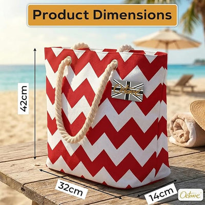 OCTAVE Ladies Summer Beach Tote Handbag - Zigzag Design - Red & White