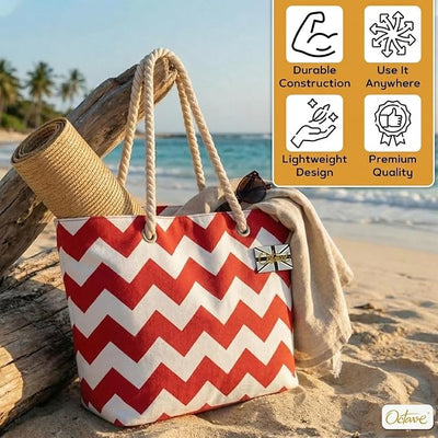 OCTAVE Ladies Summer Beach Tote Handbag - Zigzag Design - Red & White