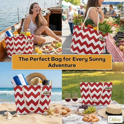 OCTAVE Ladies Summer Beach Tote Handbag - Zigzag Design - Red & White