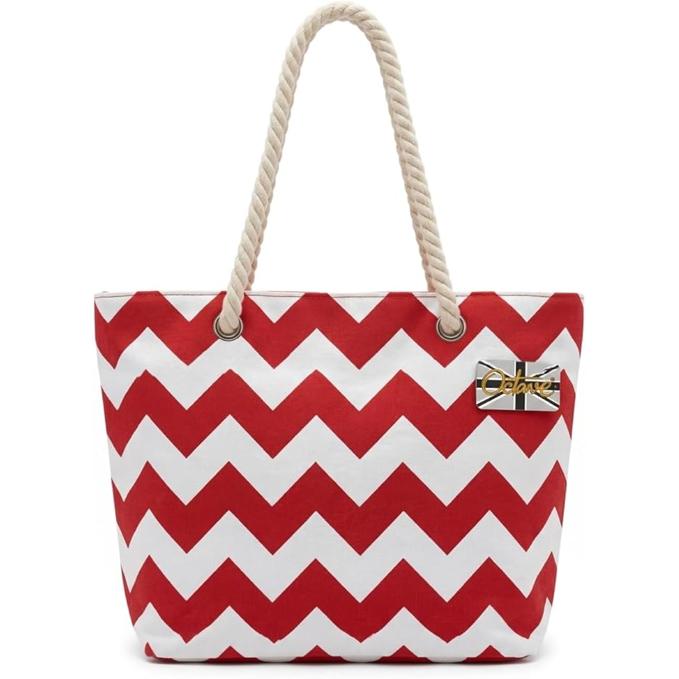 OCTAVE Ladies Summer Beach Tote Handbag - Zigzag Design - Red & White