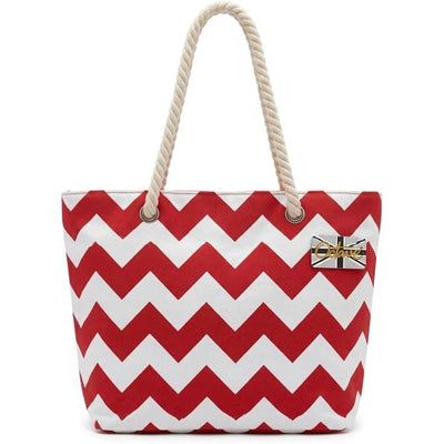 OCTAVE Ladies Summer Beach Tote Handbag - Zigzag Design - Red & White