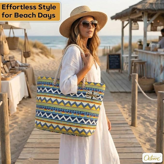 OCTAVE Ladies Summer Beach Tote Handbag - Chevron Design - Blue Mix