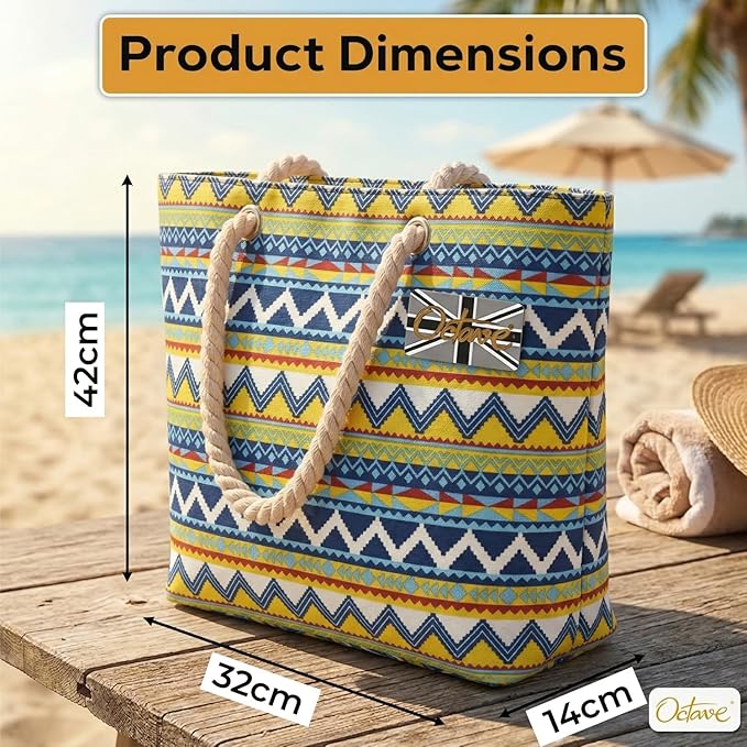 OCTAVE Ladies Summer Beach Tote Handbag - Chevron Design - Blue Mix