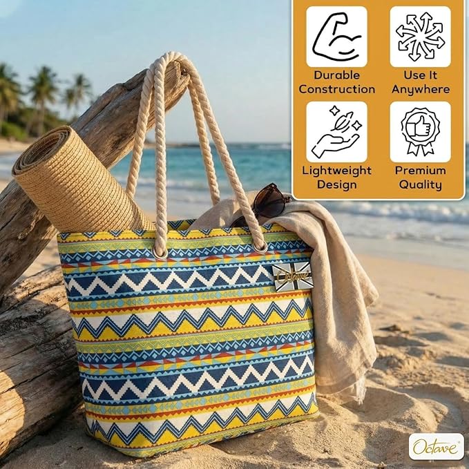 OCTAVE Ladies Summer Beach Tote Handbag - Chevron Design - Blue Mix