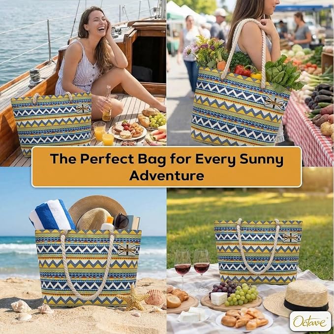 OCTAVE Ladies Summer Beach Tote Handbag - Chevron Design - Blue Mix