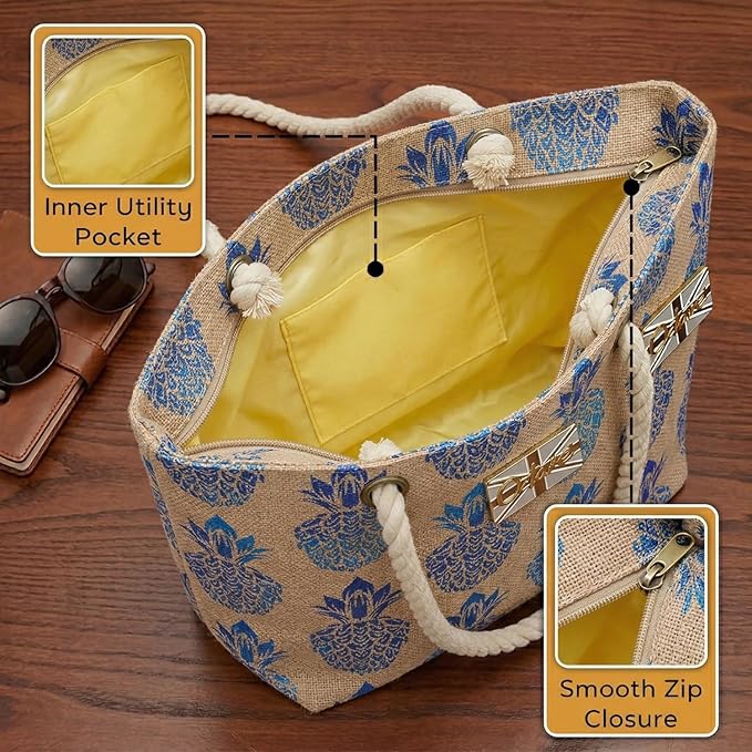 OCTAVE Ladies Summer Beach Tote Handbag - Pineapple Foil Print Design - Blue Foil