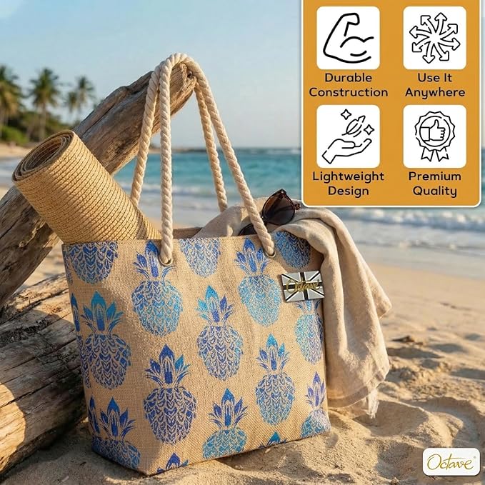 OCTAVE Ladies Summer Beach Tote Handbag - Pineapple Foil Print Design - Blue Foil