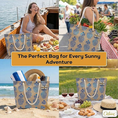 OCTAVE Ladies Summer Beach Tote Handbag - Pineapple Foil Print Design - Blue Foil