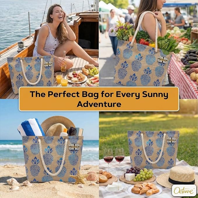 OCTAVE Ladies Summer Beach Tote Handbag - Pineapple Foil Print Design - Blue Foil