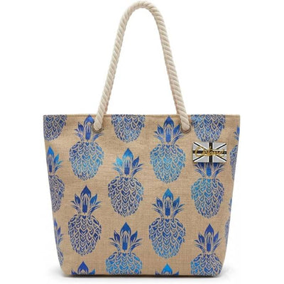 OCTAVE Ladies Summer Beach Tote Handbag - Pineapple Foil Print Design - Blue Foil