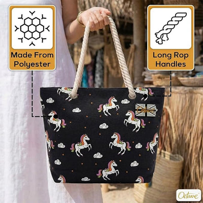OCTAVE Ladies Summer Beach Tote Handbag - Unicorn Design - Black