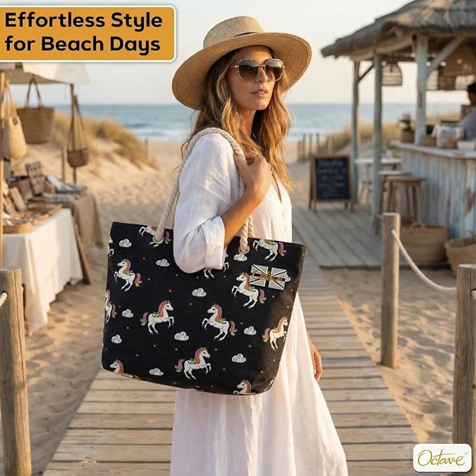 OCTAVE Ladies Summer Beach Tote Handbag - Unicorn Design - Black