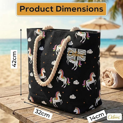 OCTAVE Ladies Summer Beach Tote Handbag - Unicorn Design - Black