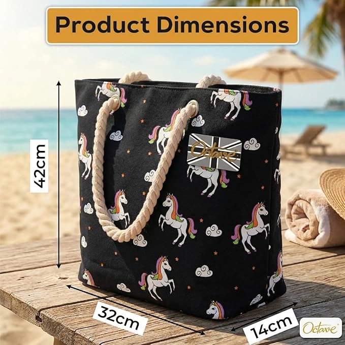 OCTAVE Ladies Summer Beach Tote Handbag - Unicorn Design - Black