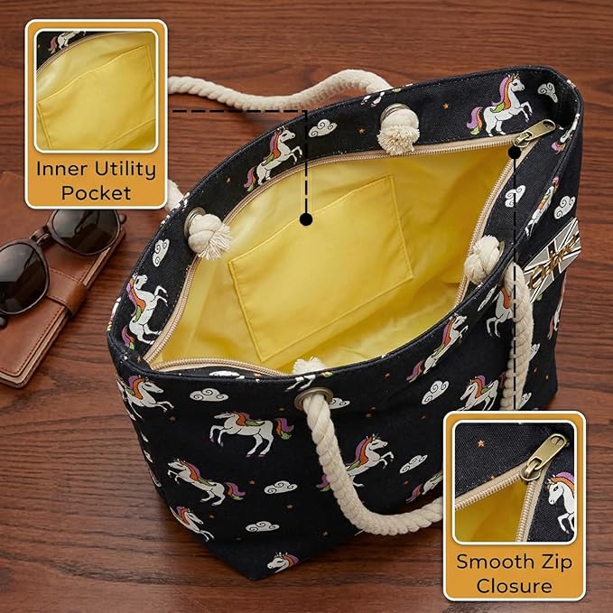 OCTAVE Ladies Summer Beach Tote Handbag - Unicorn Design - Black