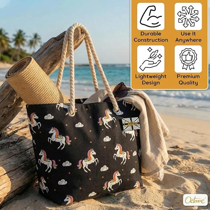 OCTAVE Ladies Summer Beach Tote Handbag - Unicorn Design - Black