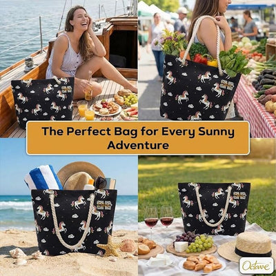OCTAVE Ladies Summer Beach Tote Handbag - Unicorn Design - Black