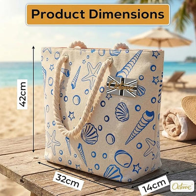 OCTAVE Ladies Summer Beach Tote Handbag - Sea Shells Foil Print Design - Blue Foil