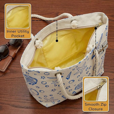 OCTAVE Ladies Summer Beach Tote Handbag - Sea Shells Foil Print Design - Blue Foil