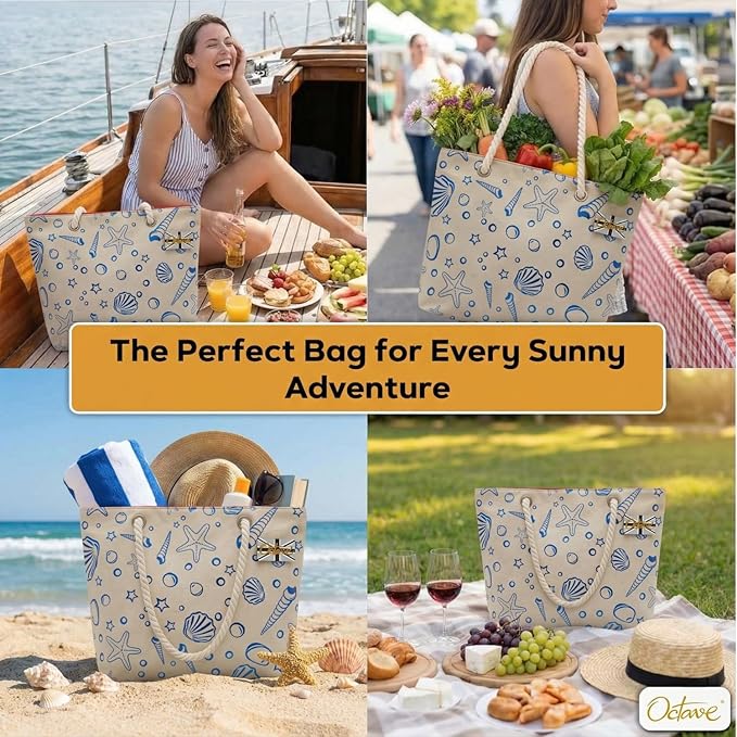 OCTAVE Ladies Summer Beach Tote Handbag - Sea Shells Foil Print Design - Blue Foil