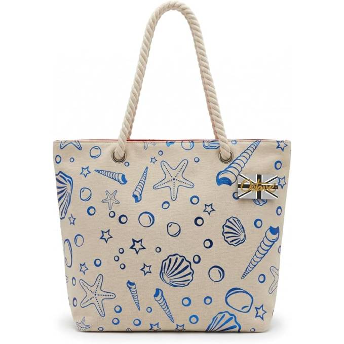 OCTAVE Ladies Summer Beach Tote Handbag - Sea Shells Foil Print Design - Blue Foil